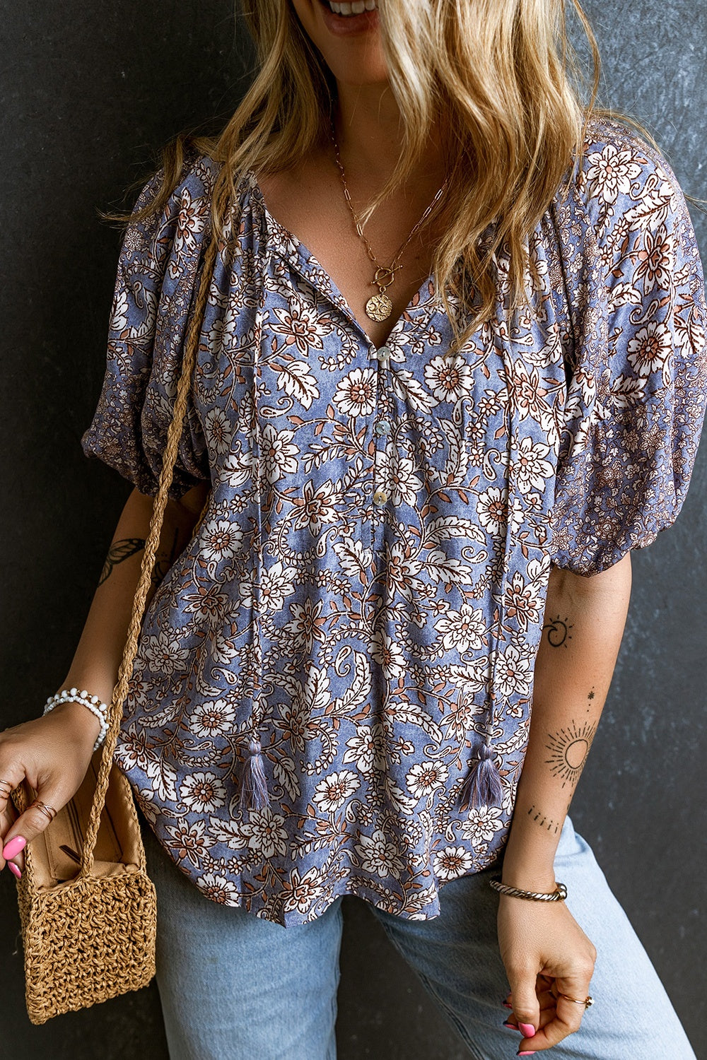 Printed Tie Neck Half Sleeve Boho Blouse - Spirit and Rebel [Spirit and Rebel]   