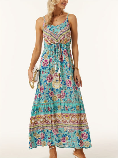 Printed Scoop Neck Midi Cami Boho Dress [Spirit and Rebel] Teal S 