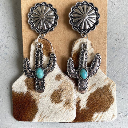 Turquoise Decor Cactus Alloy Boho Western Earrings [Spirit and Rebel] Style B One Size 