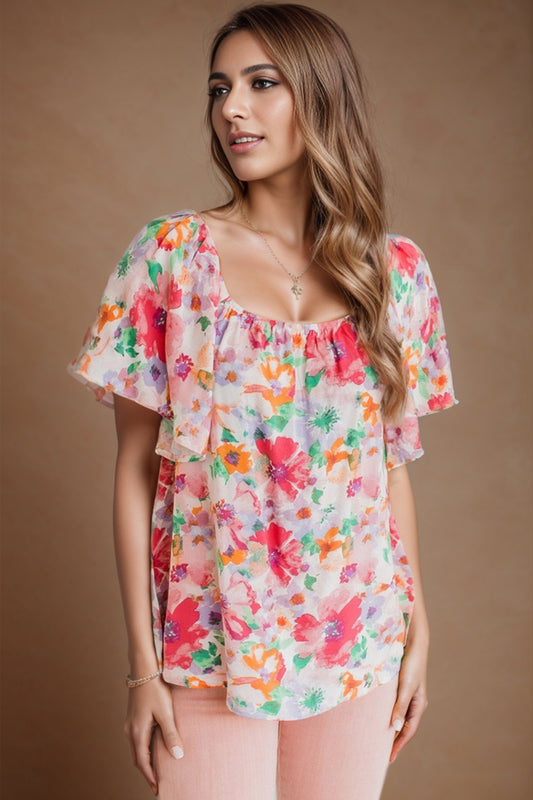 Printed Scoop Neck Flutter Sleeve Boho Blouse [Spirit and Rebel] Floral S 