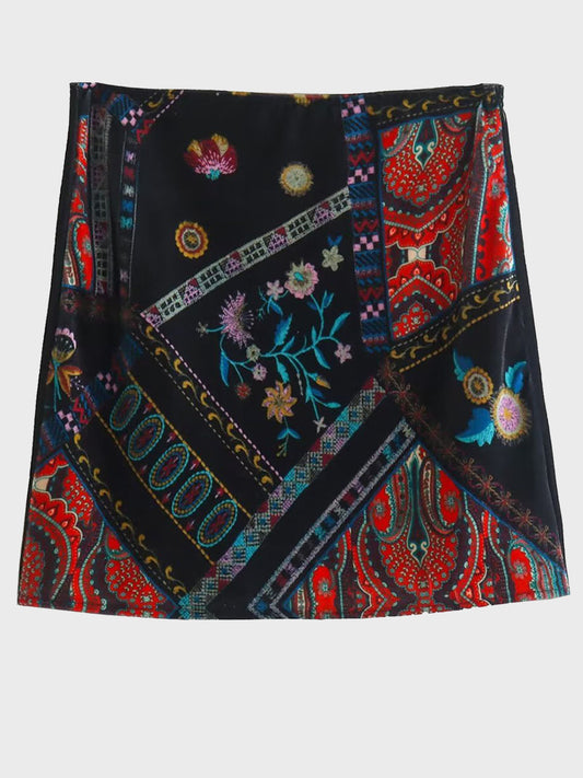 Printed Zip Boho Mini Skirt [Spirit and Rebel] Black S 