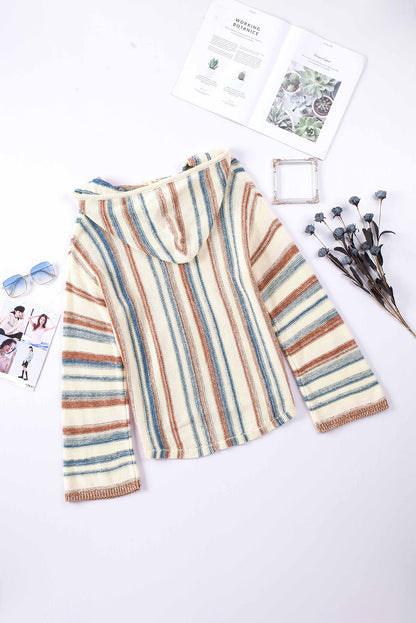 Contrast Striped Dropped Shoulder Hooded Knit Top [Spirit and Rebel]