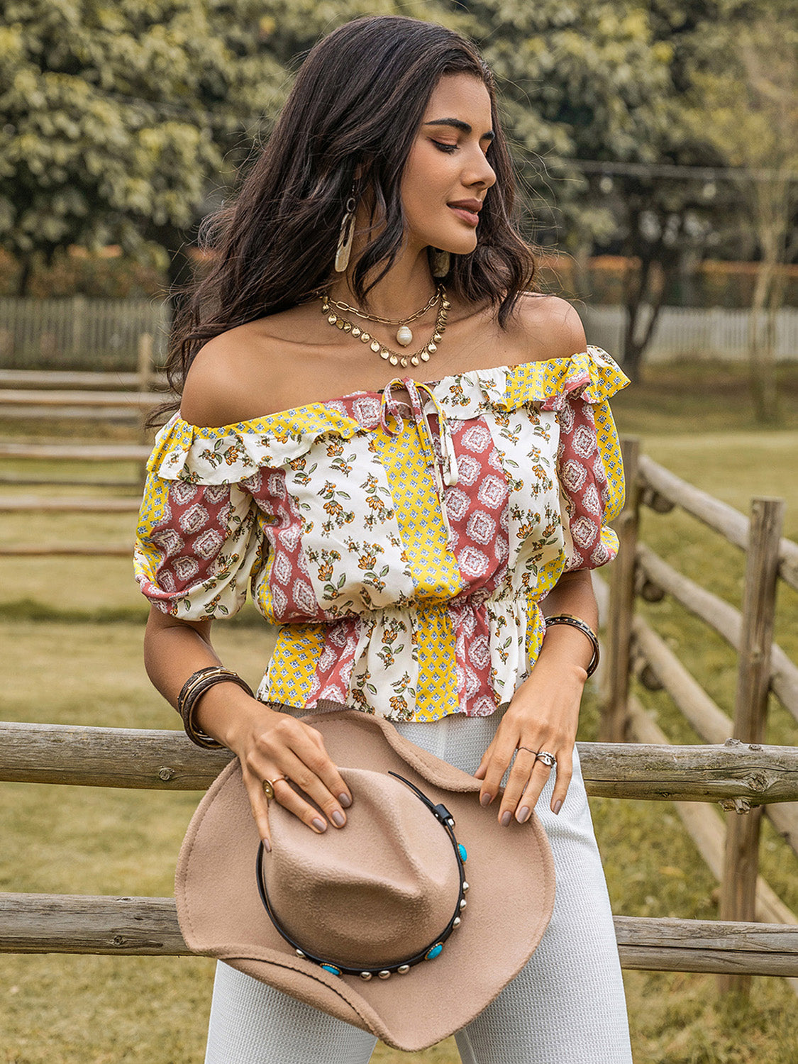 Ruffled Printed Off-Shoulder Short Sleeve Boho Blouse - Spirit and Rebel [Spirit and Rebel] Multicolor S 