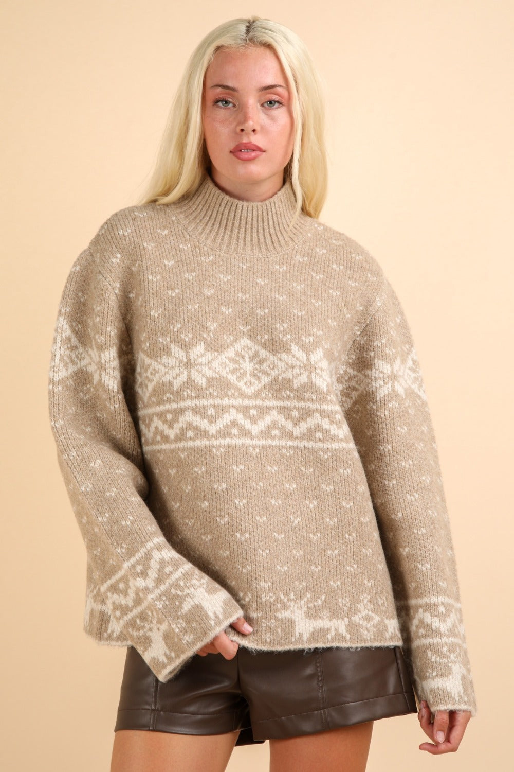 Spirit and Rebel Christmas Element Mock Neck Long Sleeve Boho Sweater [Spirit and Rebel]   