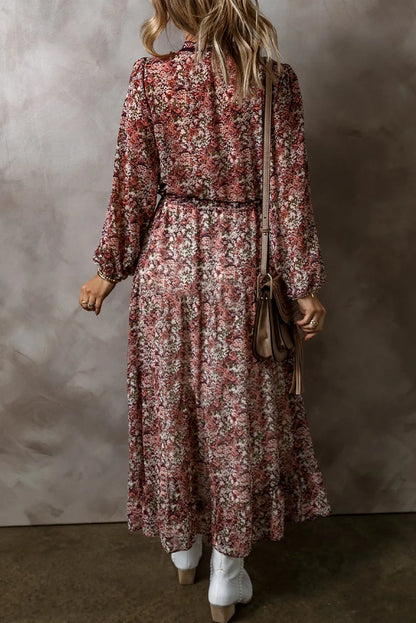 Spirit and Rebel Frill Printed V-Neck Long Sleeve Midi Dress [Spirit and Rebel]   