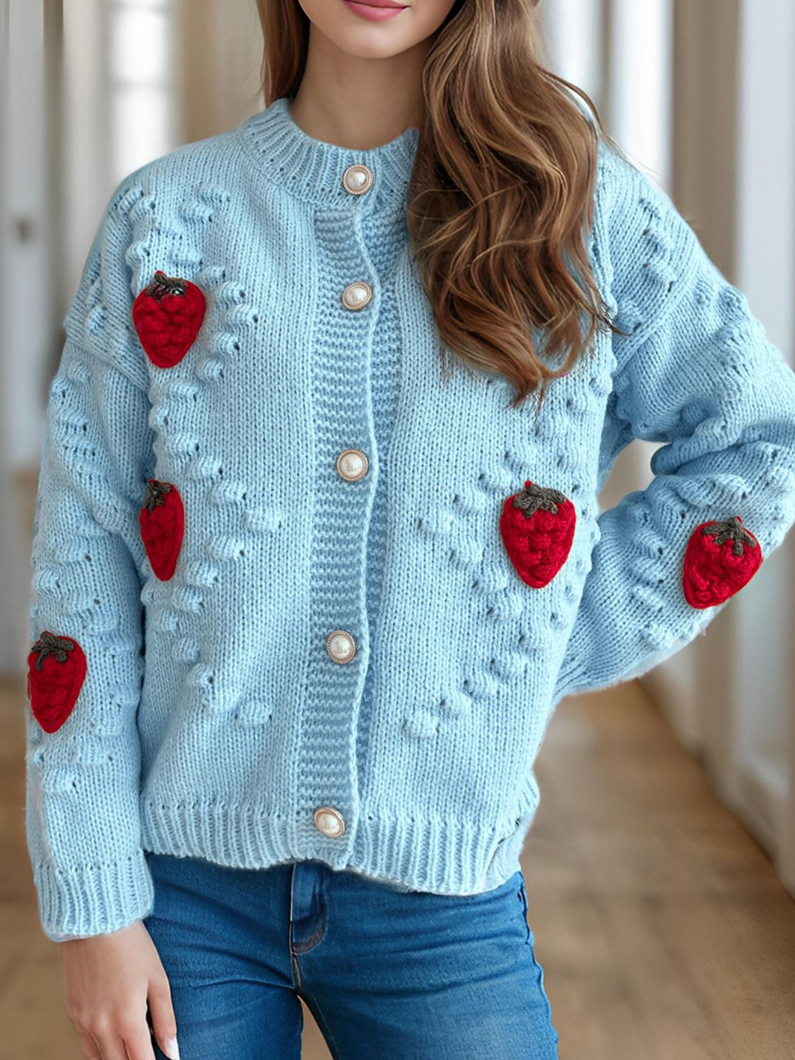 Spirit and Rebel Strawberry Button Down Long Sleeve Boho Cardigan [Spirit and Rebel]   