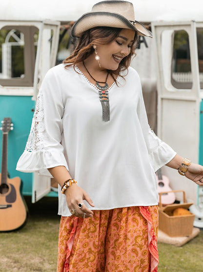 Spirit and Rebel Plus Size Lace Detail V-Neck Three-Quarter Sleeve Bohemian Blouse [Spirit and Rebel]   