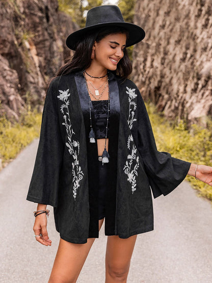 Embroidered Open Front Long Sleeve Boho Cardigan