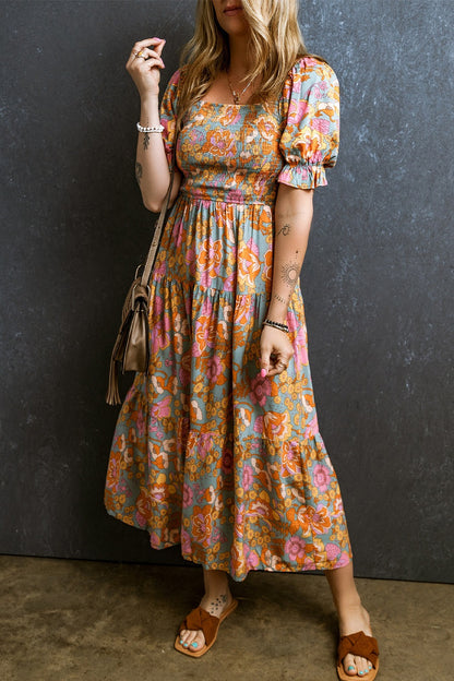 Smocked Printed Short Sleeve Dress [Spirit and Rebel]   