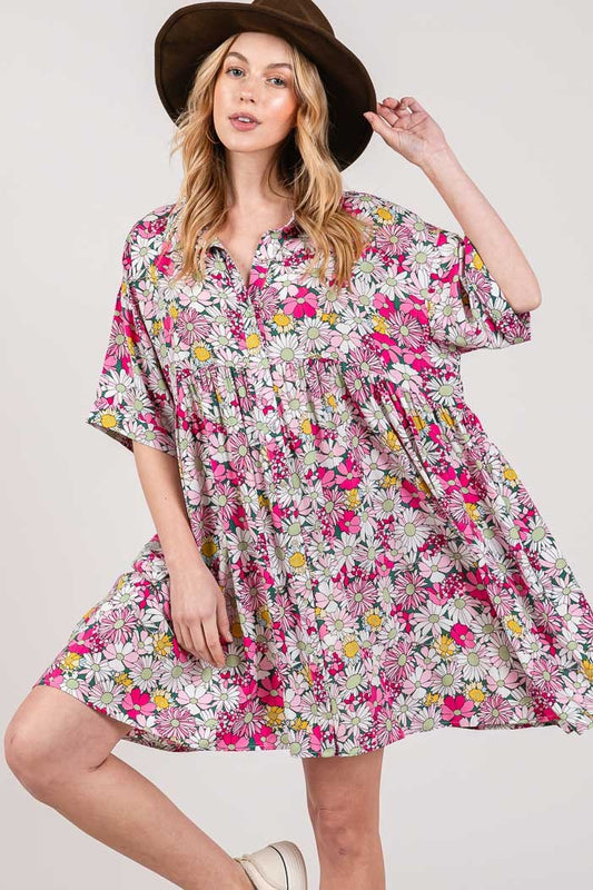 Floral Button Down Mini Boho Shirt Boho Dress - Spirit and Rebel [Spirit and Rebel] Multi S 