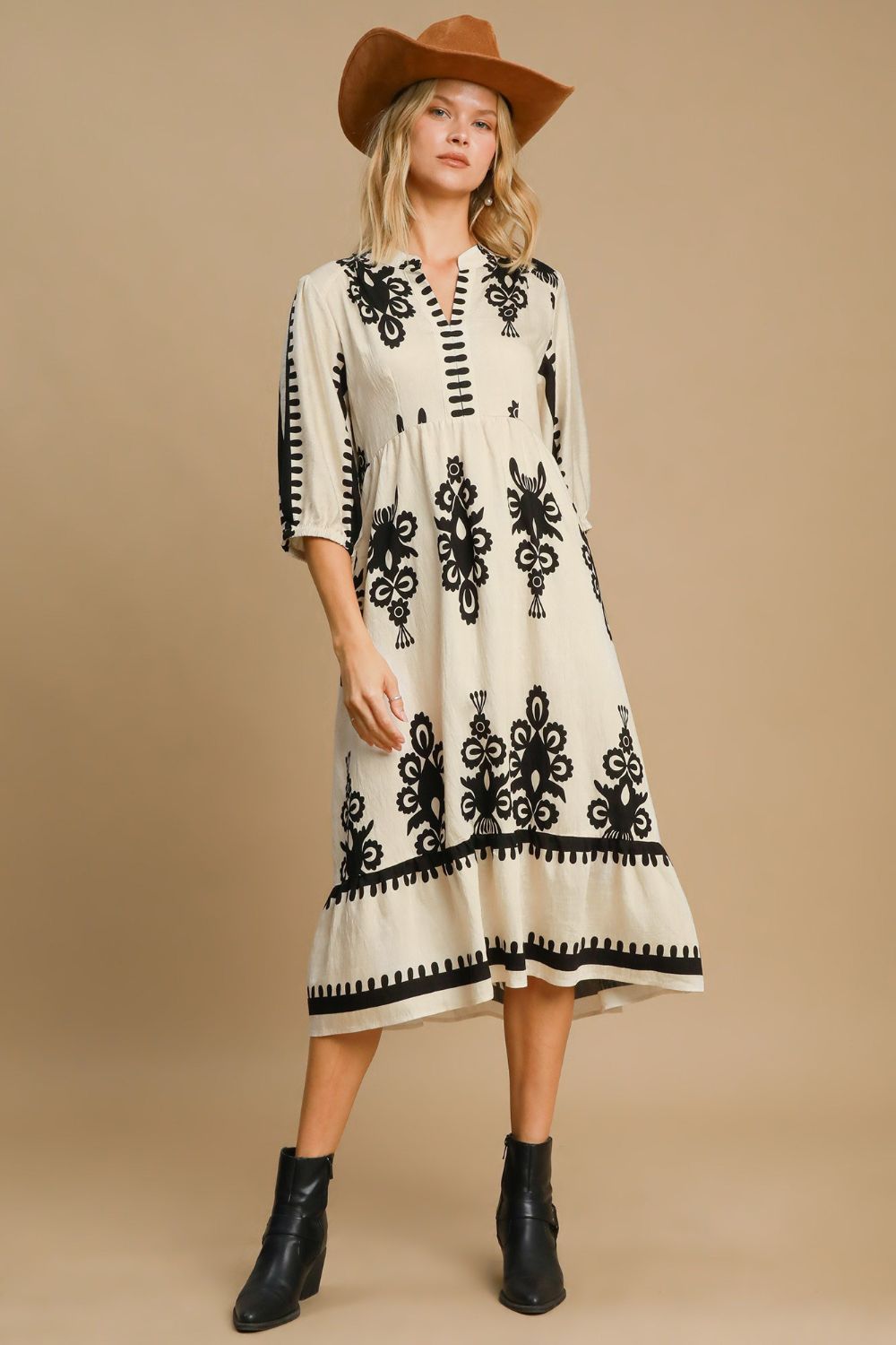 Printed Notched Midi Dress