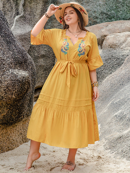 Plus Size Notched Tie Waist Half Sleeve Midi Boho Dress - Spirit and Rebel [Spirit and Rebel] Gold 0XL 