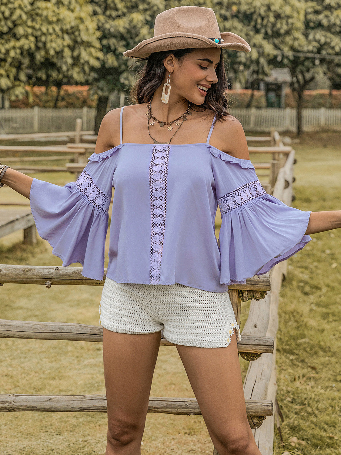 Square Neck Flare Sleeve Boho Blouse [Spirit and Rebel] Periwinkle S 