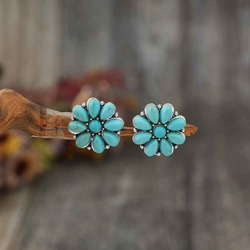 Alloy Turquoise Flower Stud Boho Earrings - Spirit and Rebel [Spirit and Rebel]   