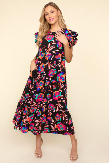 Ruffled Printed Round Neck Cap Sleeve Boho Dress - Spirit and Rebel [Spirit and Rebel]   