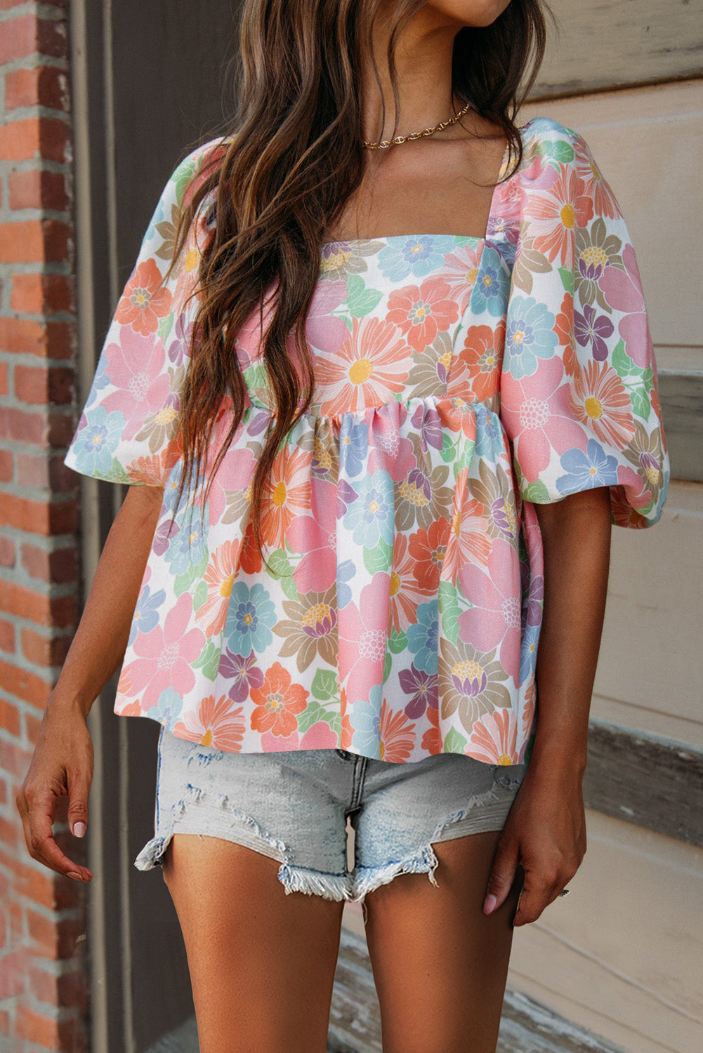 Printed Square Neck Half Sleeve Boho Blouse [Spirit and Rebel] Floral S 