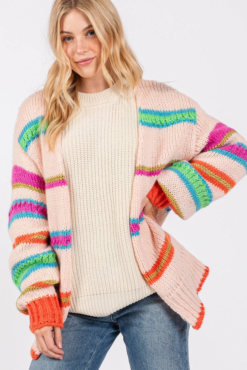 Spirit and Rebel Rainbow Striped Open Front Knit Boho Cardigan [Spirit and Rebel]   