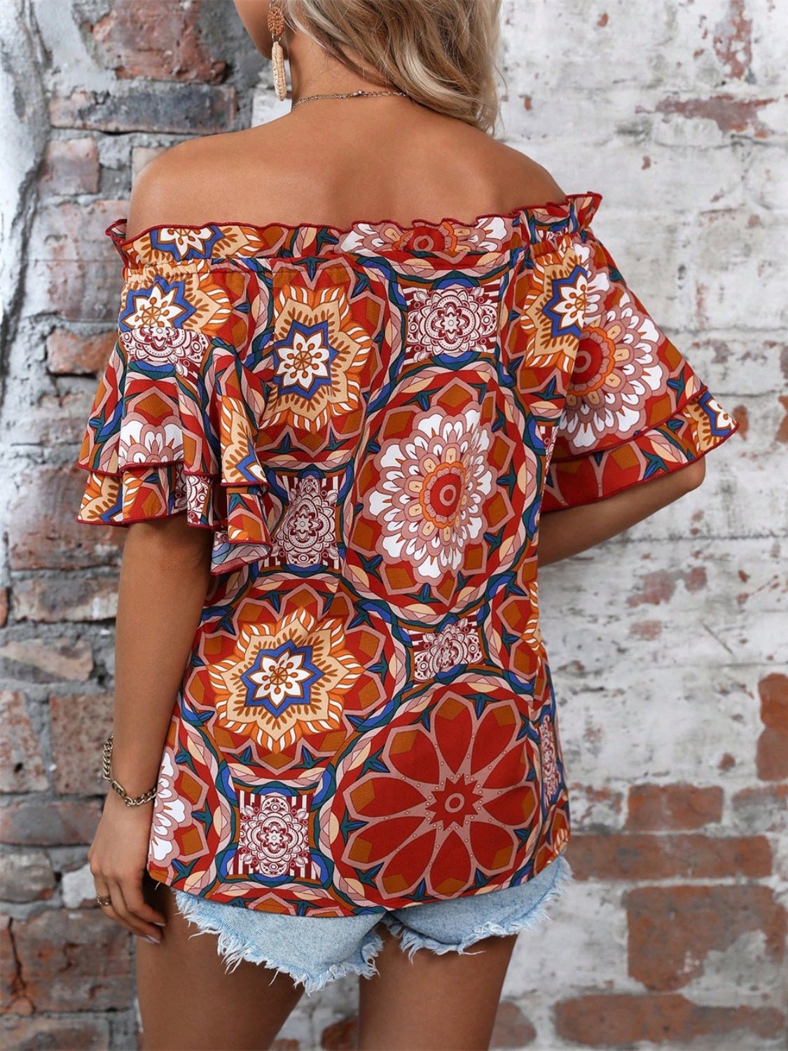 Printed Off-Shoulder Half Sleeve Boho Blouse - Spirit and Rebel [Spirit and Rebel]   