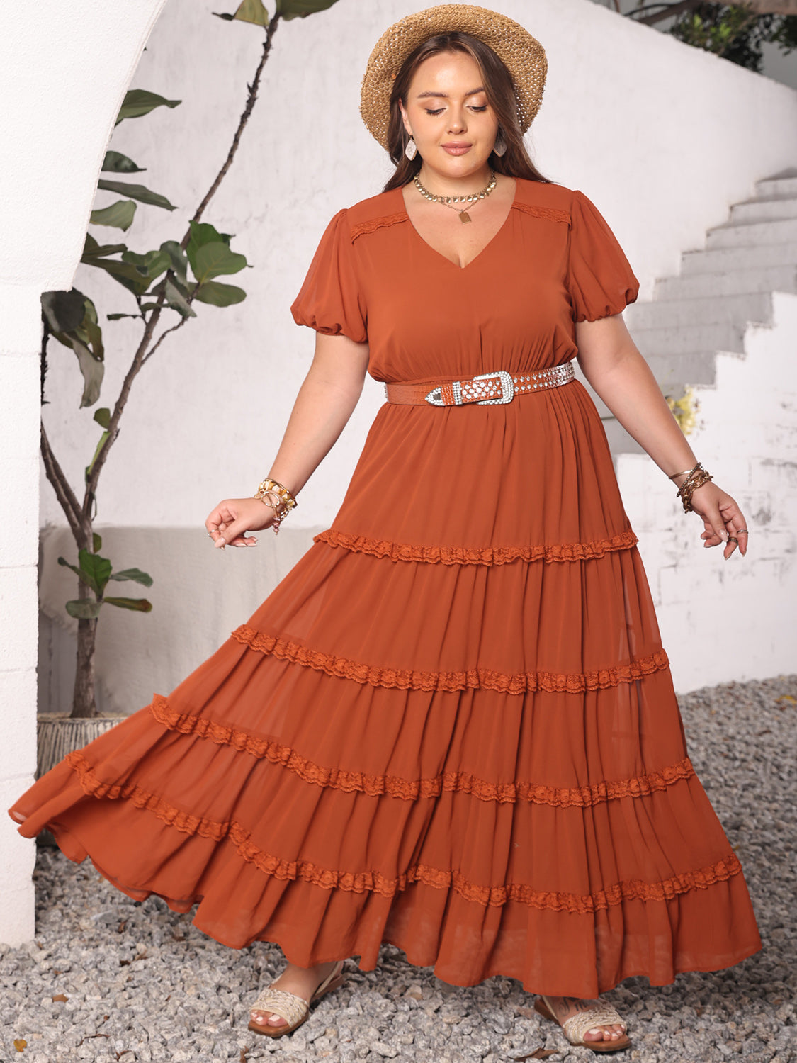 Plus Size Ruched Lace Detail V-Neck Short Sleeve Boho Dress - Spirit and Rebel [Spirit and Rebel]   