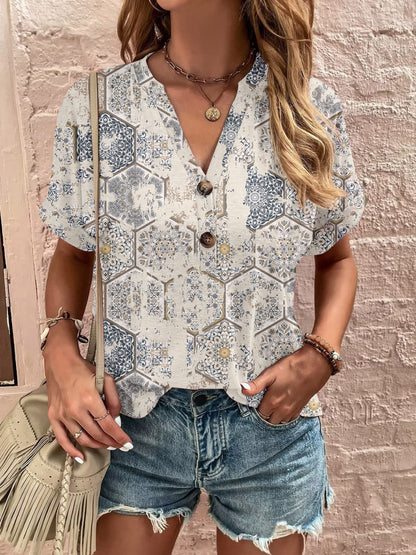 Plus Size Printed Notched Short Sleeve Boho Blouse - Spirit and Rebel [Spirit and Rebel] Dust Storm S 