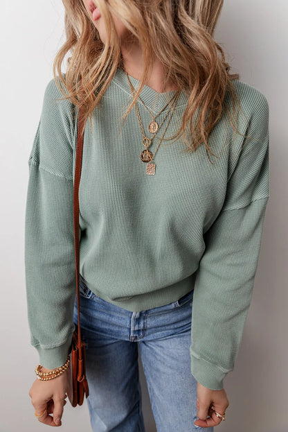 Spirit and Rebel Waffle-Knit Long Sleeve Dropped Shoulder Boho Top [Spirit and Rebel]   