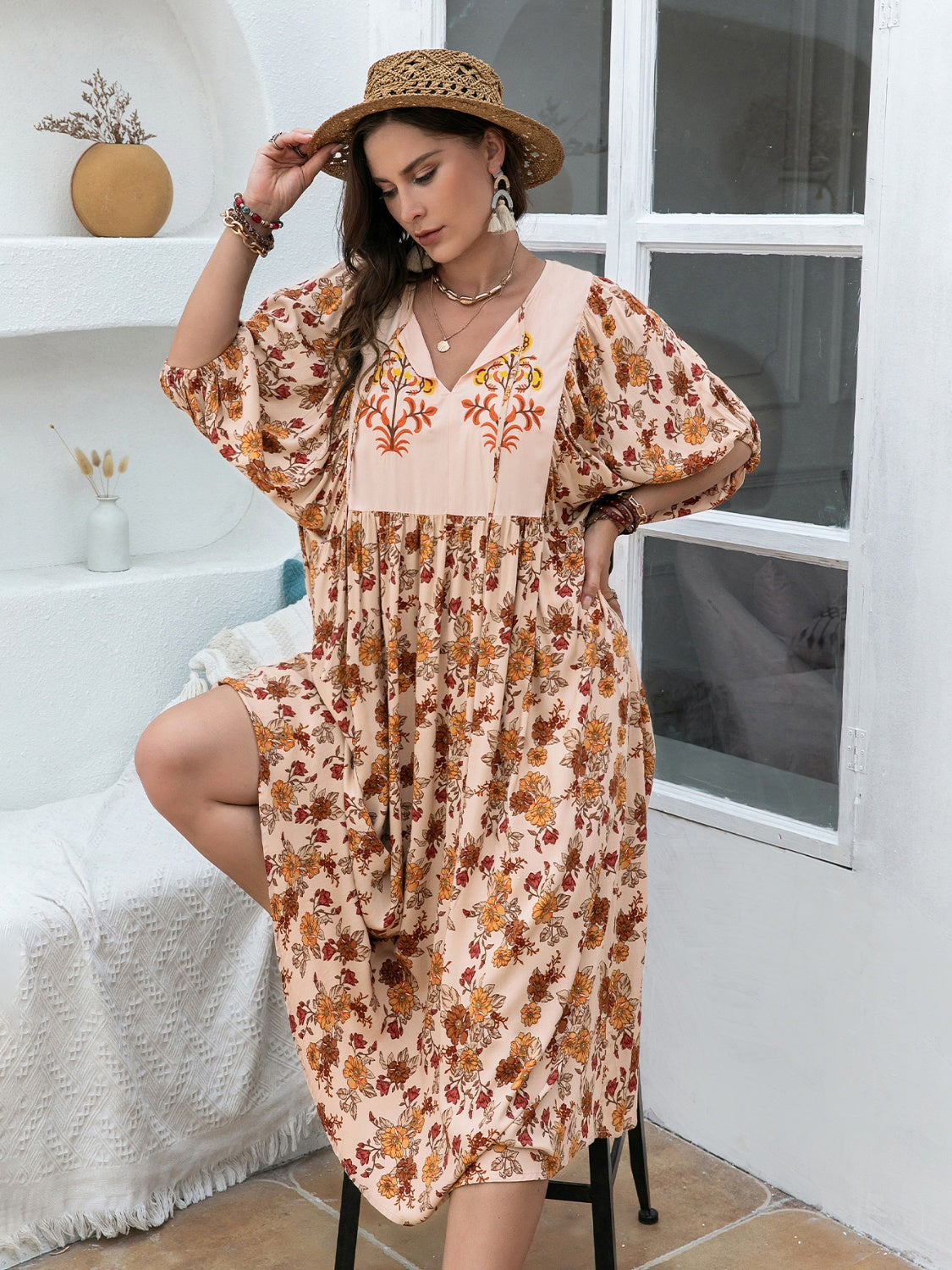 Plus Size Printed Tie Neck Half Sleeve Midi Boho Dress - Spirit and Rebel [Spirit and Rebel]   