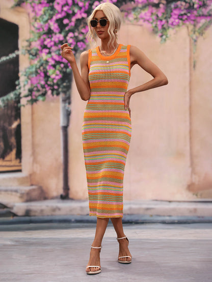 Michalina Striped Round Neck Sleeveless Midi Crochet Swimsuit Cover Up Dress [Spirit and Rebel] Orange S