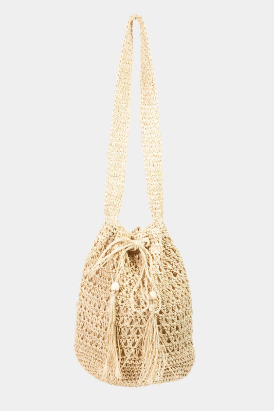 Straw Braided Drawstring Tote Boho Bag with Tassel - Spirit and Rebel [Spirit and Rebel] IV One Size 