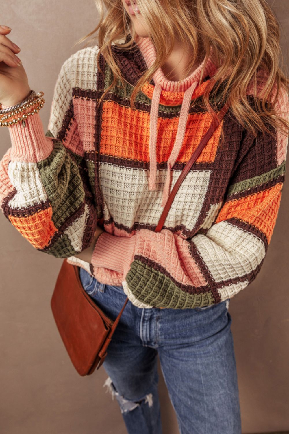 Drawstring Color Block Mock Neck Boho Sweater [Spirit and Rebel]   