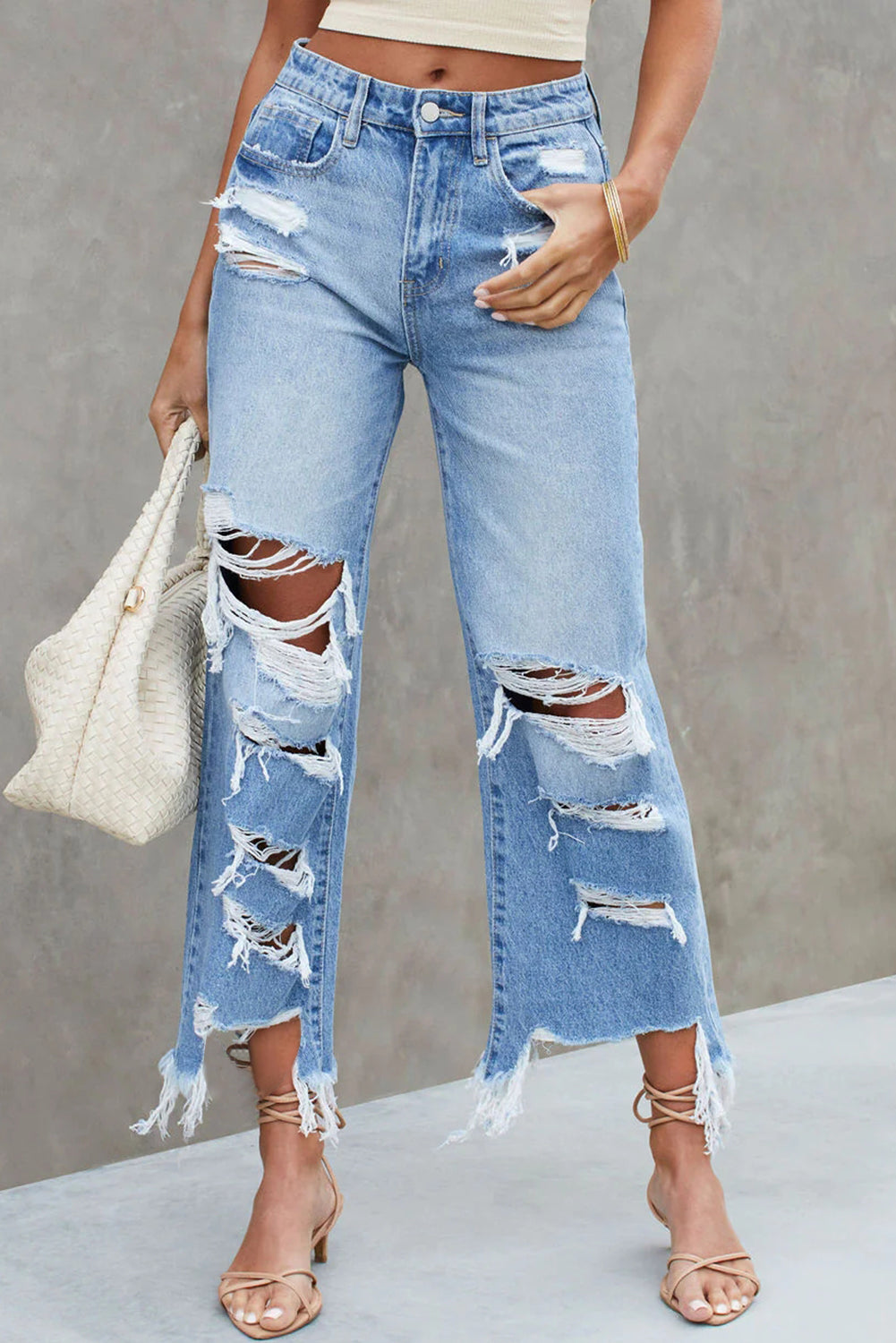 Distressed Raw Hem Boho Jeans with Pockets [Spirit and Rebel] Light 6 