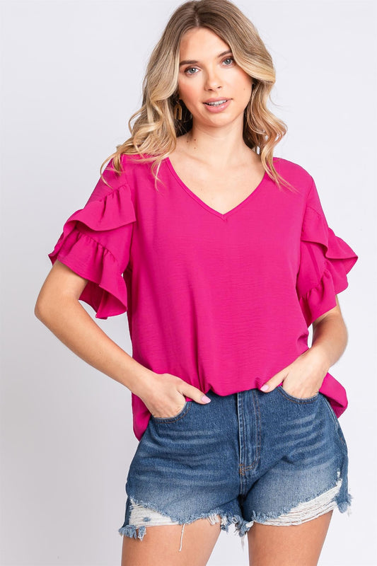 V-Neck Ruffle Trim Short Sleeve Boho Blouse - Spirit and Rebel [Spirit and Rebel] MAGENTA S 