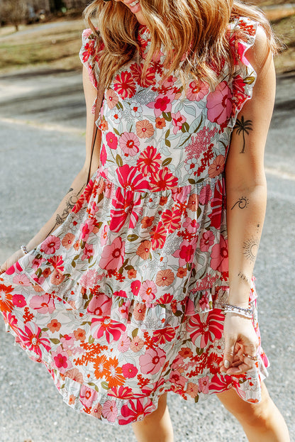 Ruffled Printed Boho Mock Neck Dress [Spirit and Rebel] Floral S 