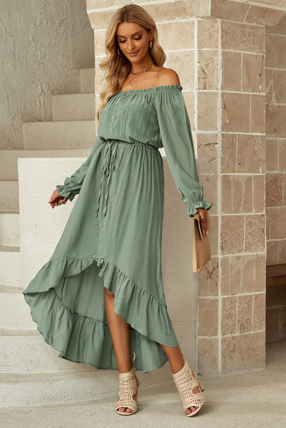 Drawstring Off-Shoulder Flounce Sleeve Boho Dress [Spirit and Rebel] Sage XS 