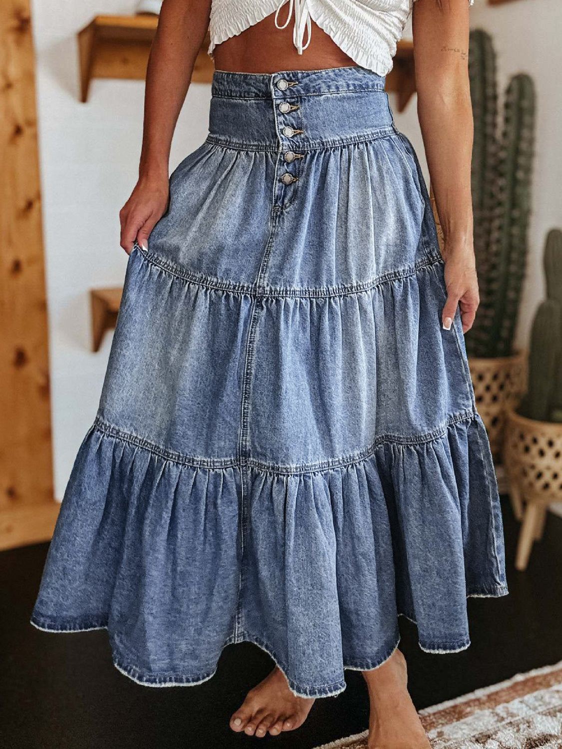 Tiered Button-Fly Denim Skirt [Spirit and Rebel]