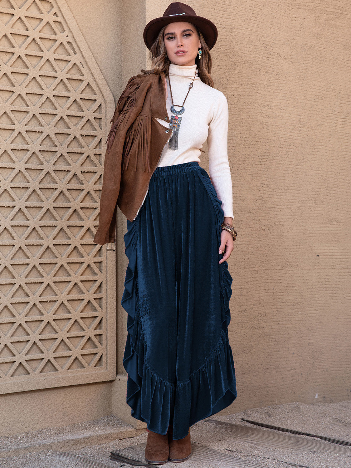 Slit Ruffled Wide Leg Boho Pants - Spirit and Rebel [Spirit and Rebel]   