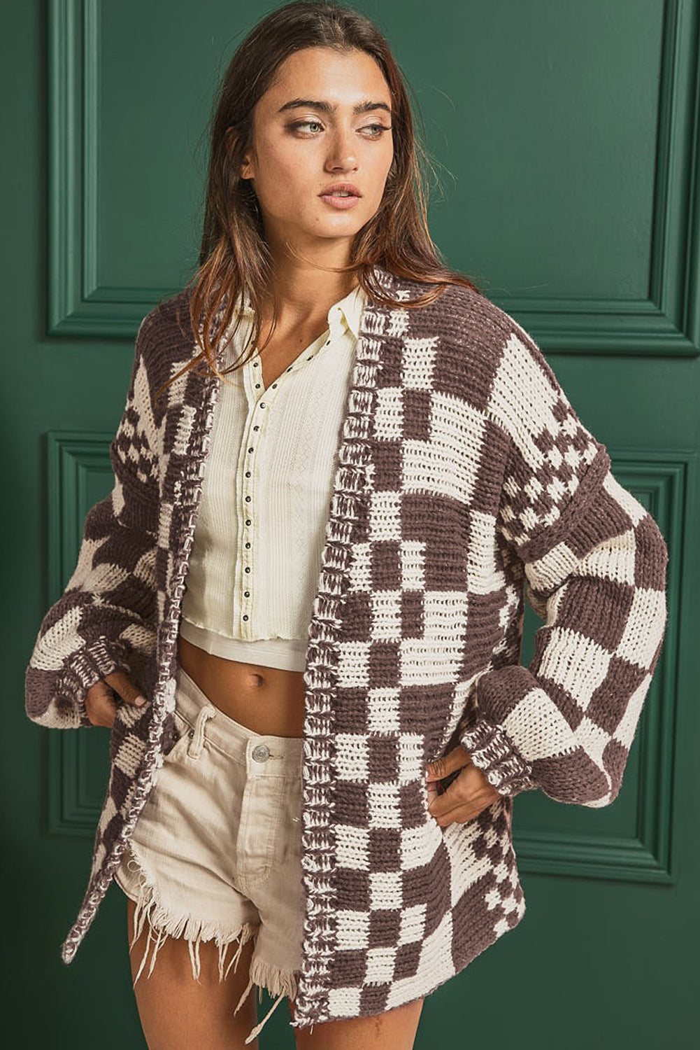 Checkered Open Front Long Sleeve Boho Cardigan [Spirit and Rebel]