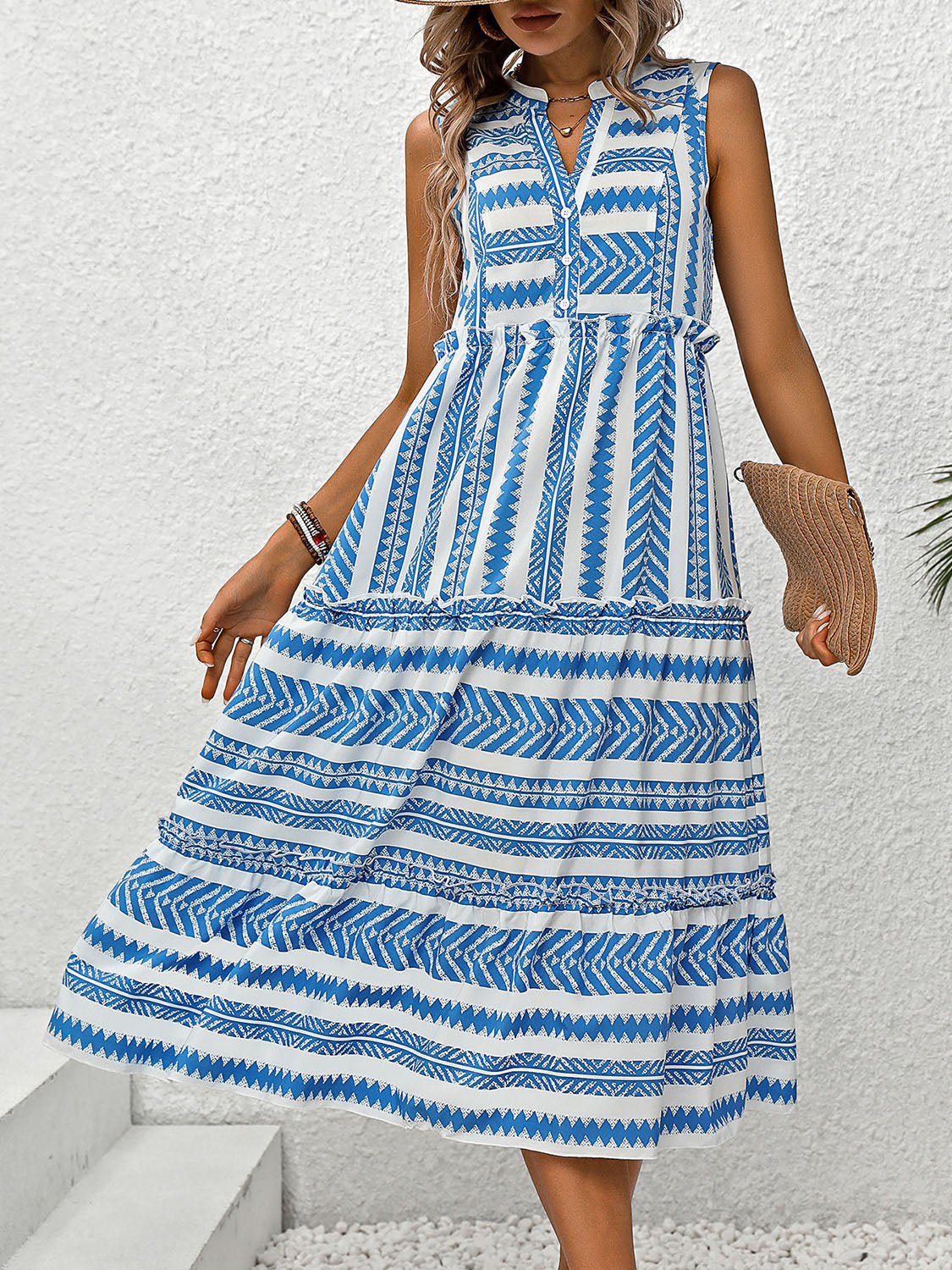 Frill Printed Notched Sleeveless Boho Dress [Spirit and Rebel]   