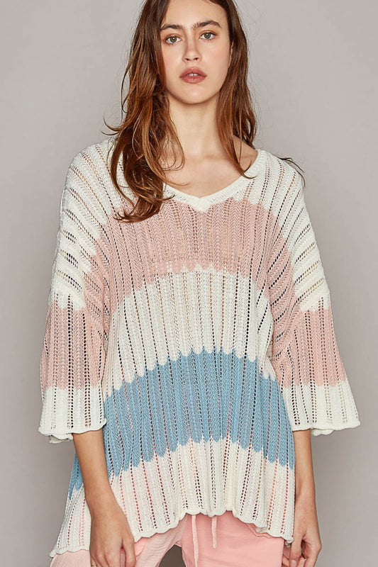 V-Neck Short Sleeve Stripe Weave Boho Sweater - Spirit and Rebel [Spirit and Rebel] Ivory Multi S 