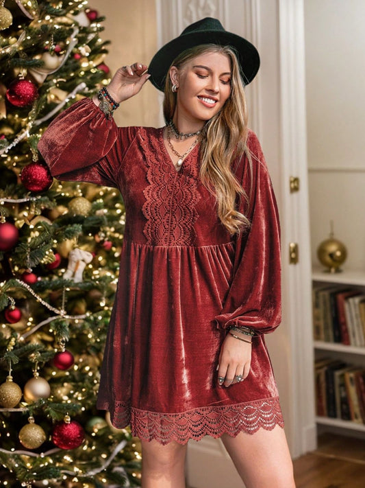 Spirit and Rebel Plus Size Lace Detail V-Neck Long Sleeve Mini Dress [Spirit and Rebel] Rust 0XL 