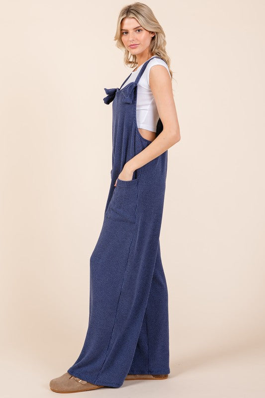 Knot Straps Wide Leg Ribbed Overalls with Pockets [Spirit and Rebel]