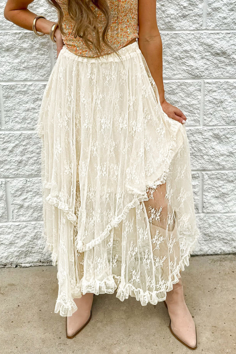 Lace Tiered Midi Skirt [Spirit and Rebel] Ivory S