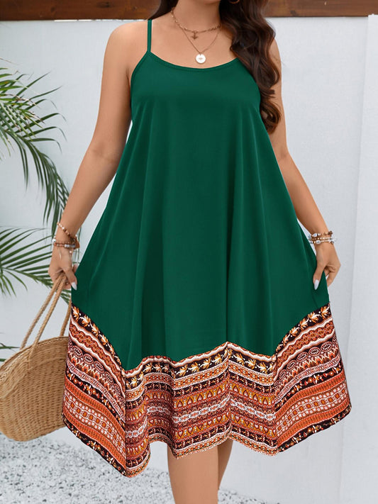 Plus Size Printed Round Neck Boho Cami Boho Dress - Spirit and Rebel [Spirit and Rebel] Dark Green 1XL 