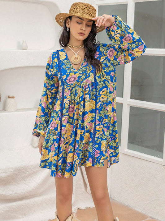 Printed V-Neck Balloon Sleeve Mini Boho Dress - Spirit and Rebel [Spirit and Rebel] Royal Blue S 