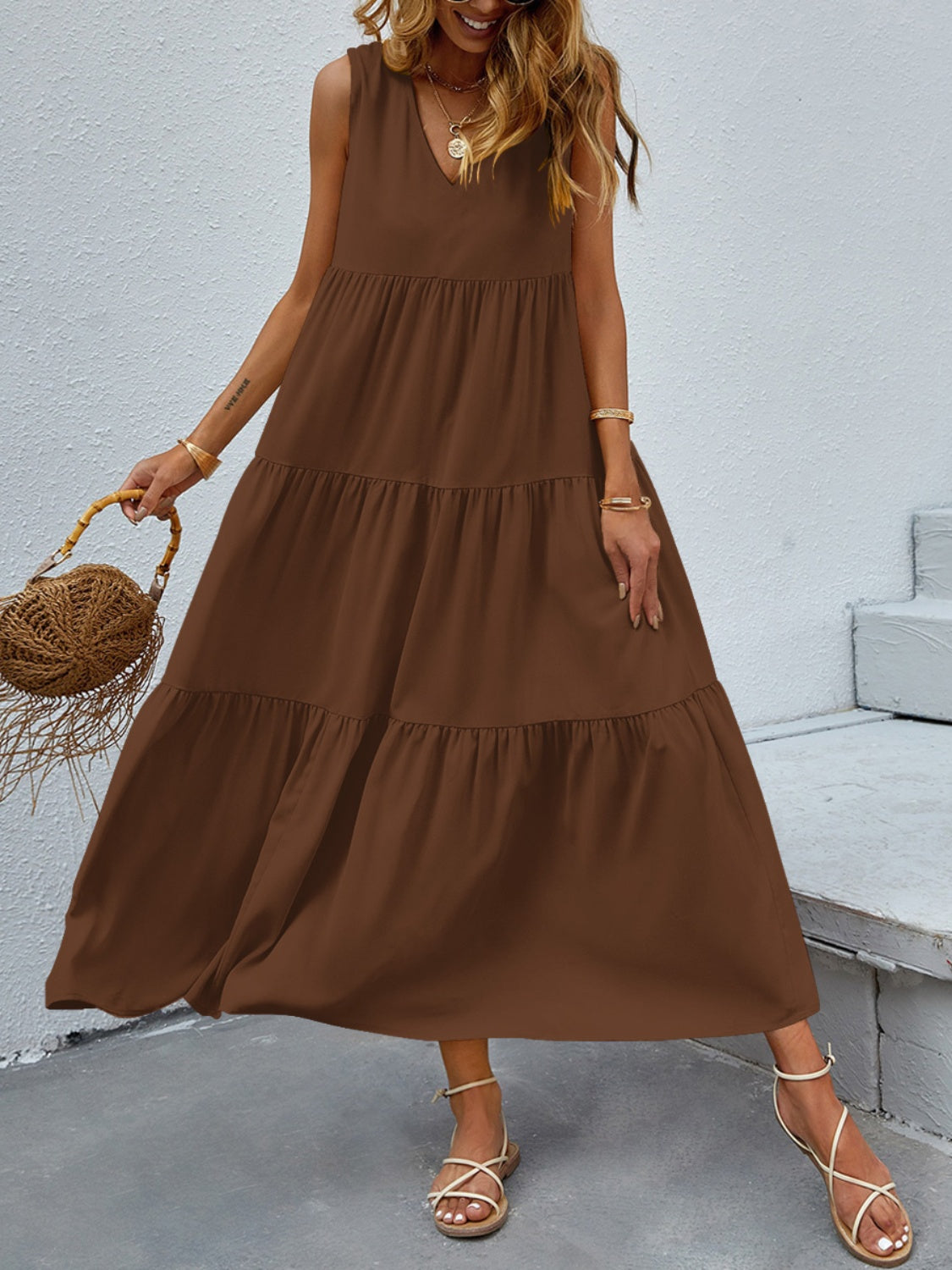 Boho Chic  Tiered V-Neck Sleeve Dress [Spirit and Rebel] Coffee Brown S 