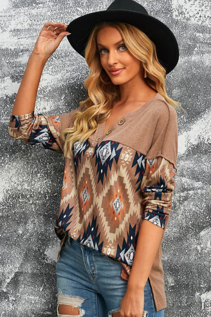 Brown Western Print Buttoned V Neck Top [Spirit and Rebel]   