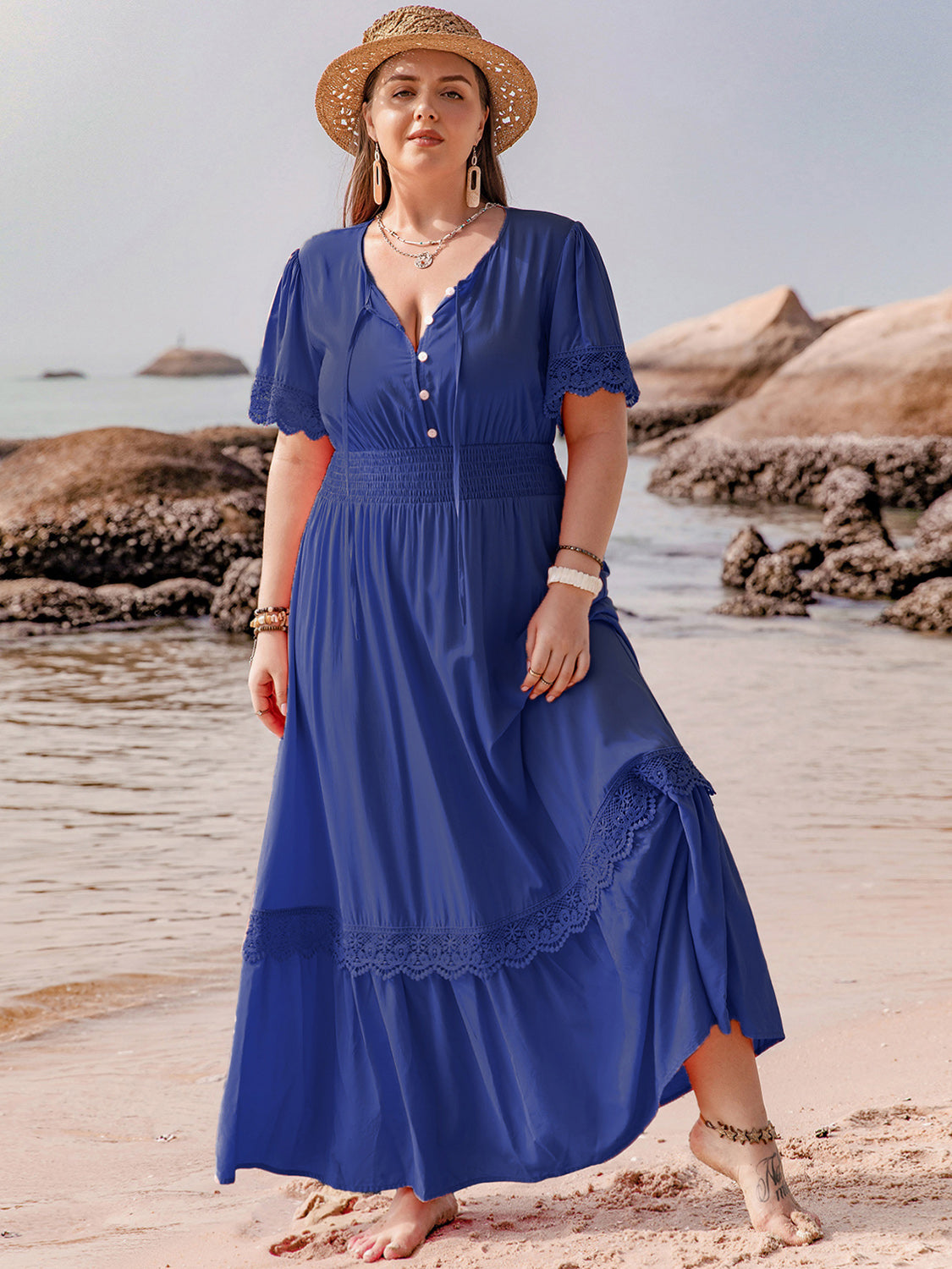 Plus Size Lace Detail Tie Neck Short Sleeve Maxi Boho Dress - Spirit and Rebel [Spirit and Rebel]   