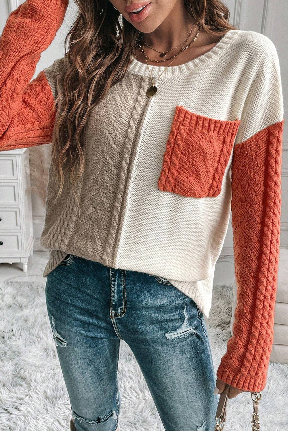 Color Block Round Neck Long Sleeve Boho Sweater - Spirit and Rebel [Spirit and Rebel]   