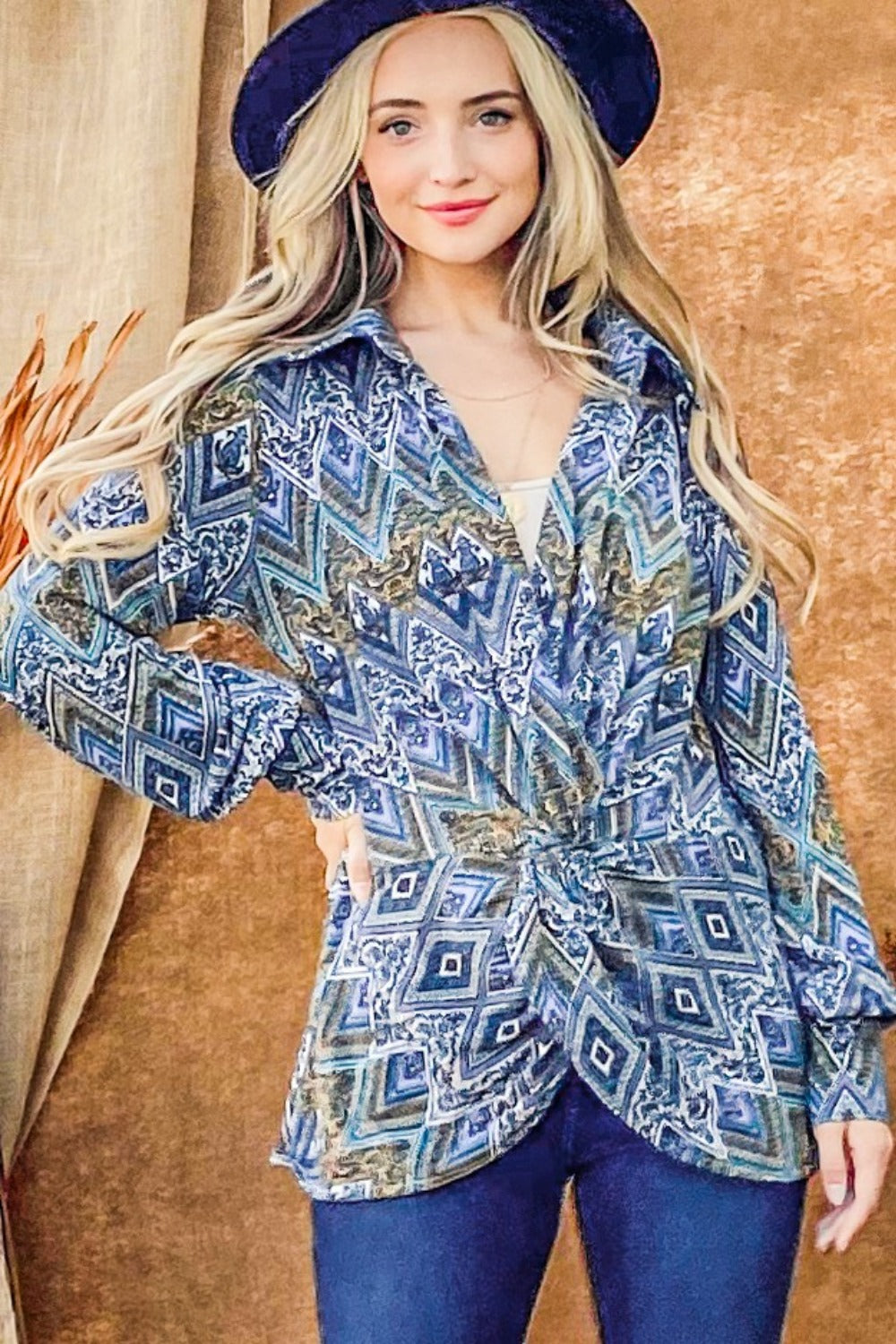 Spirit and Rebel Print Twist Knot Long Sleeve Bohemian Blouse [Spirit and Rebel] French Blue S 