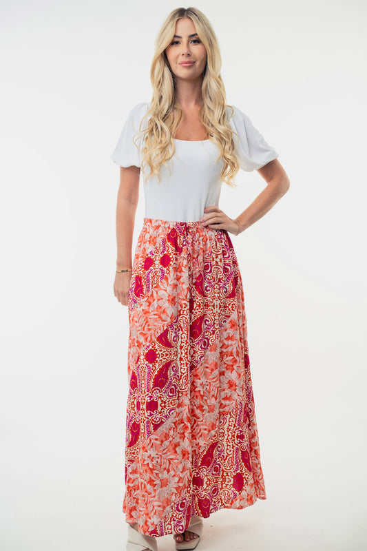 Plus Size High Waisted Floral Woven Boho Skirt - Spirit and Rebel [Spirit and Rebel] Orange S 