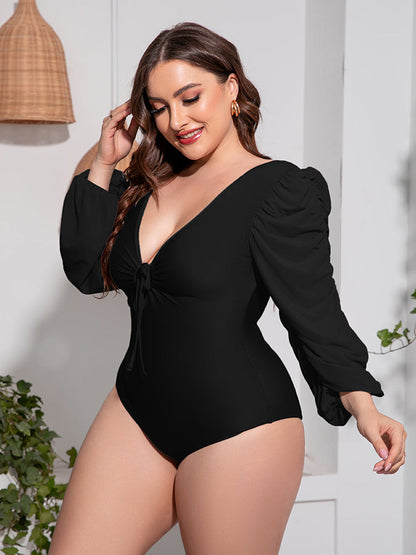 Plus Size Tied Deep V Balloon Sleeve One-Piece Swimsuit [Spirit and Rebel]